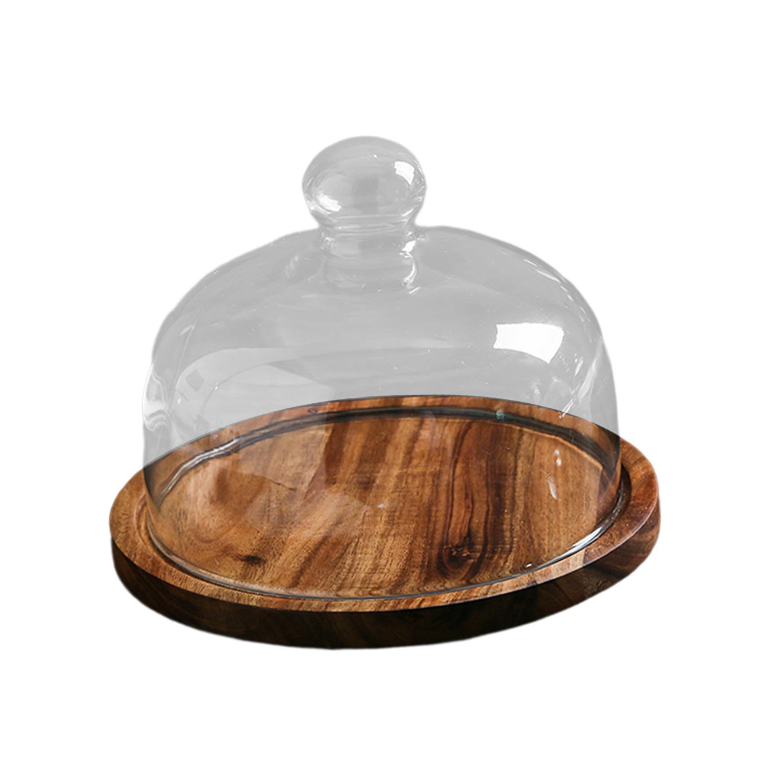 Glass Cover Serving Tray with Glass Cover Wooden Cake Stand for Kitchen