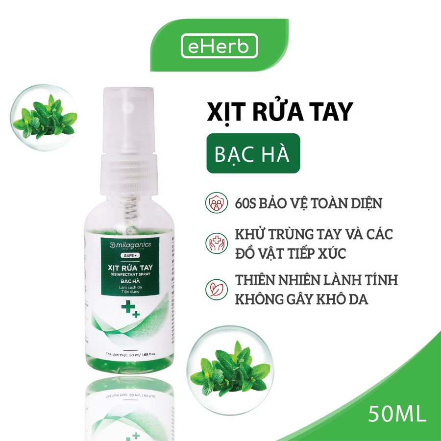 Xịt Rửa Tay Bạc Hà Làm Sạch Vượt Trội, X3 Dưỡng Ẩm Không Gây Khô Da MILAGANICS 50ml (Chai)