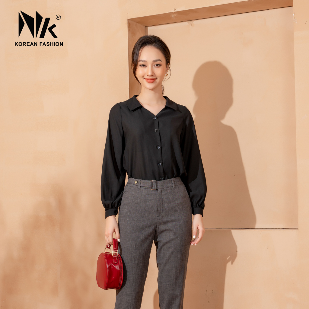 Áo Sơ Mi Nữ Công Sở Dài Tay NK Fashion NKSM2106003 Thiết Kế Cổ Không Chân Tay Bồng Điệu, Chất Liệu Vải Nhập Hàn