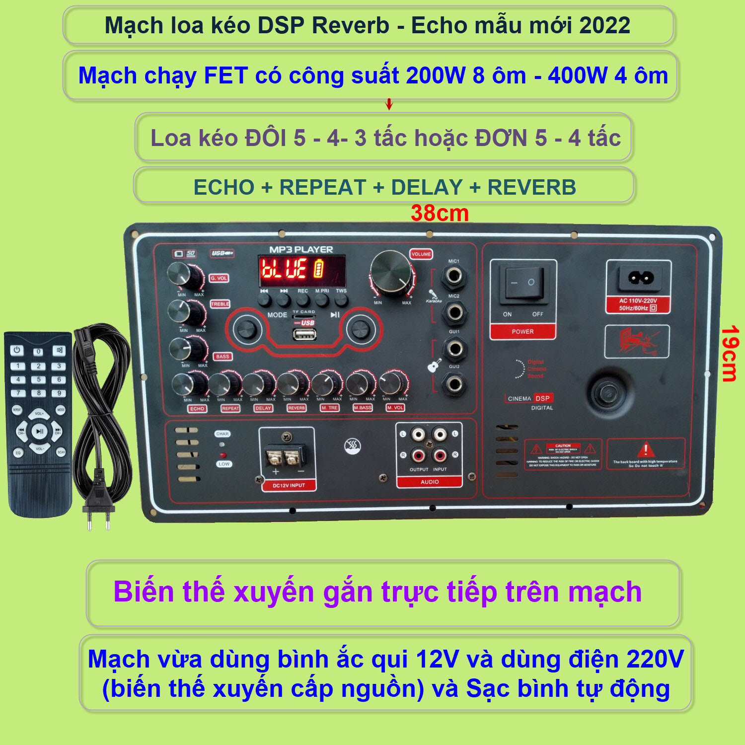 Mạch loa kéo Reverb DSP chạy FET công suất 200W 8 ôm – 400W 4 ôm, loa kéo ĐÔI 5 – 4 – 3 tấc hoặc loa kéo ĐƠN 5 – 4 tấc - NGANG