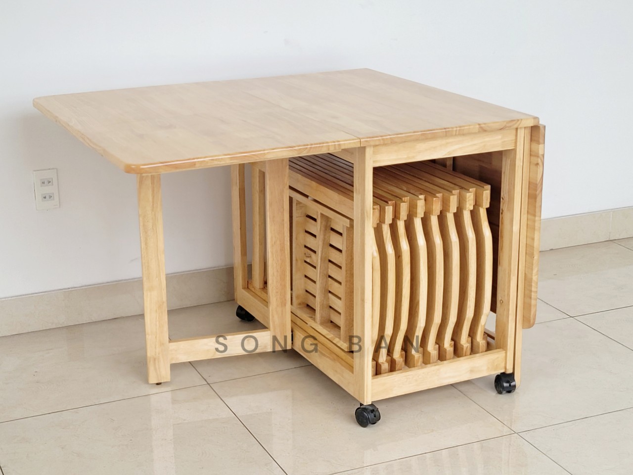 Bàn Ăn Gỗ Cao Su Xếp Gọn 90 x 1m6 Thông Minh Dày Dặn Chắc Chắn - Hàng VN Xuất Khẩu