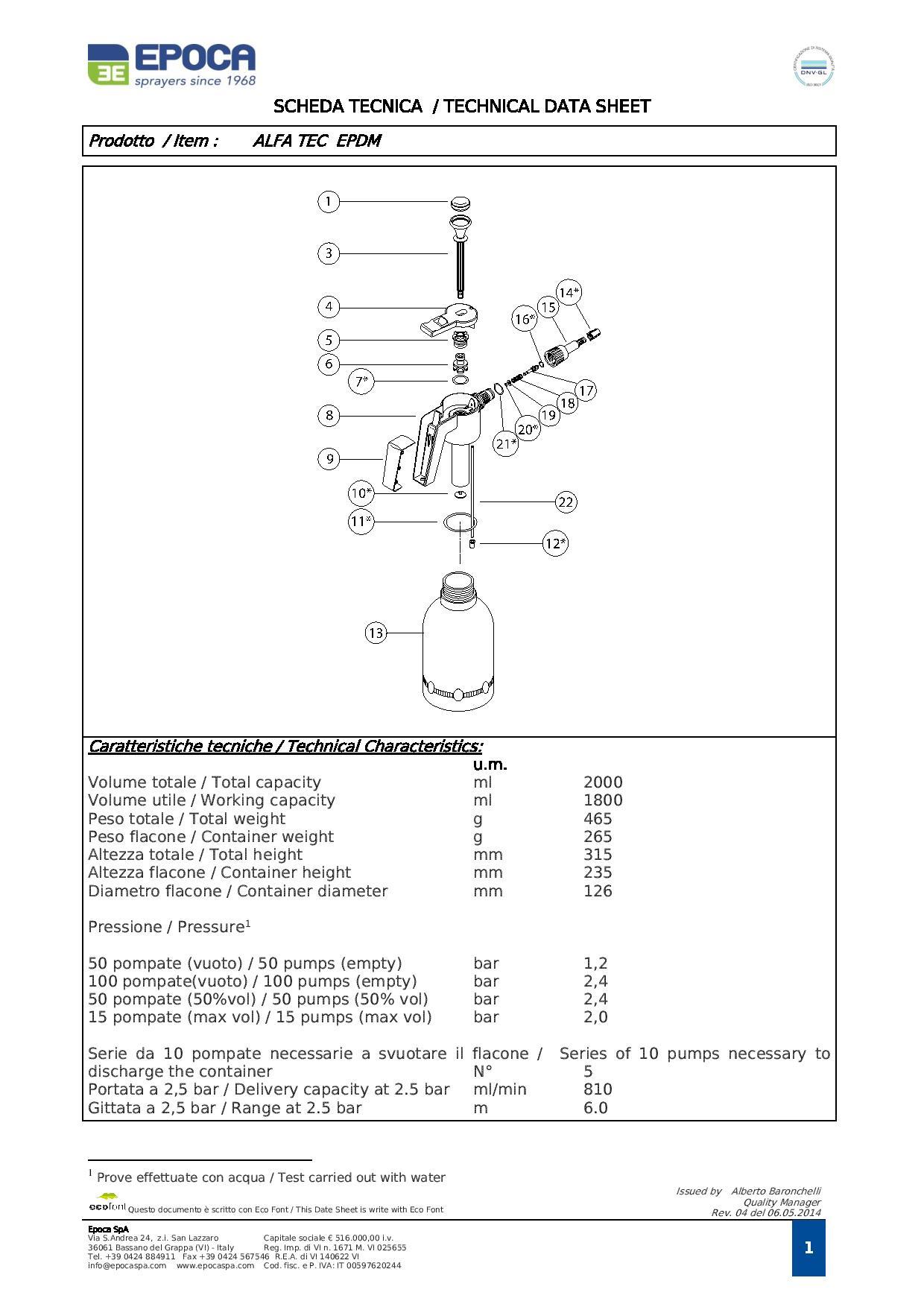 BÌNH PHUN SƯƠNG ÁP LỰC CẦM TAY EPOCA 2L DÙNG CHO DUNG DỊCH TÍNH KIỀM - MADE IN ITALY