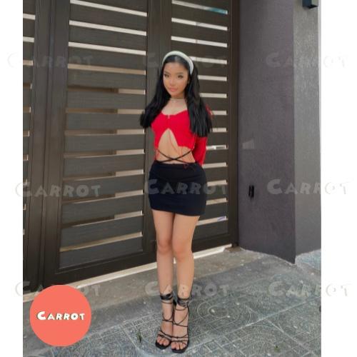 Aó croptop tay dài đỏ chân váy đen basic ôm eo cột dây tôn dáng trendy thời trang nữ carrotxindep