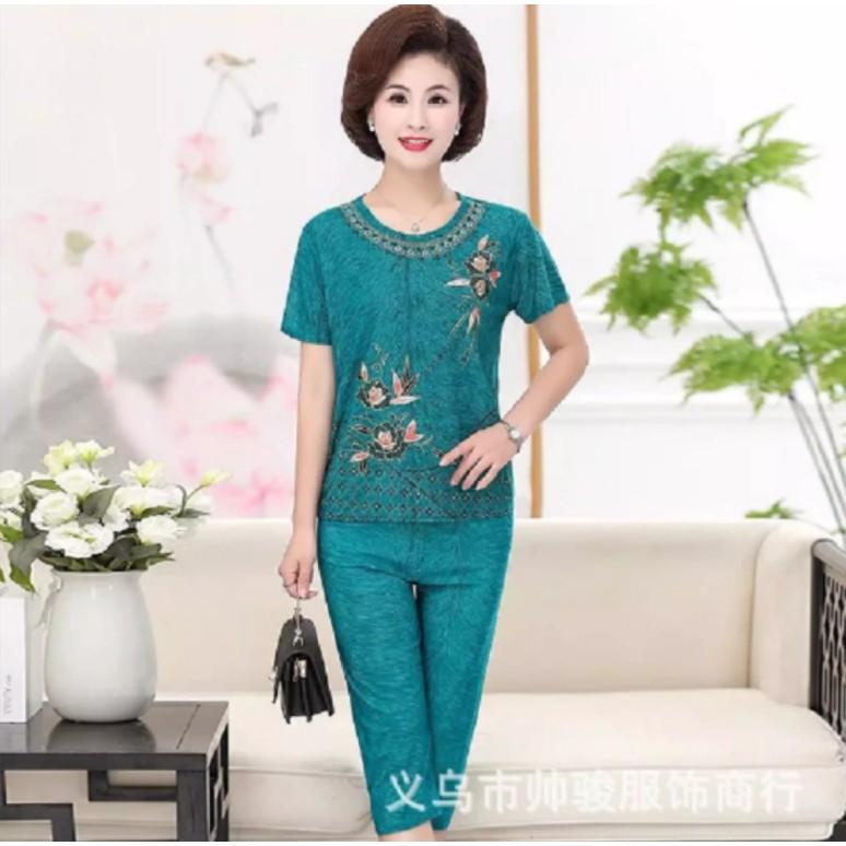 Bộ trung niên nữ mặc nhà thêu hoa chất liệu mềm mịn thoáng mát