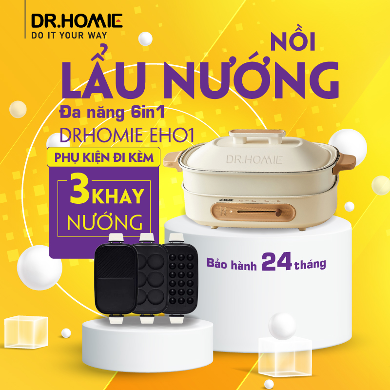 [Hàng Chính Hãng] Nồi Lẩu Nướng Đa Năng DrHomie EH01 - Dung Tích Lớn - Công Suất 1360W