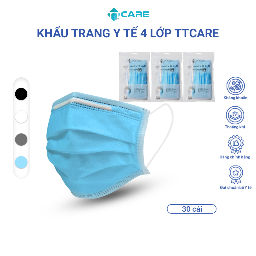 [COMBO 3 TÚI] Khẩu trang y tế 4 lớp TTCARE kháng khuẩn 99% chống bụi bẩn tiêu chuẩn Bộ Y tế túi 10 cái