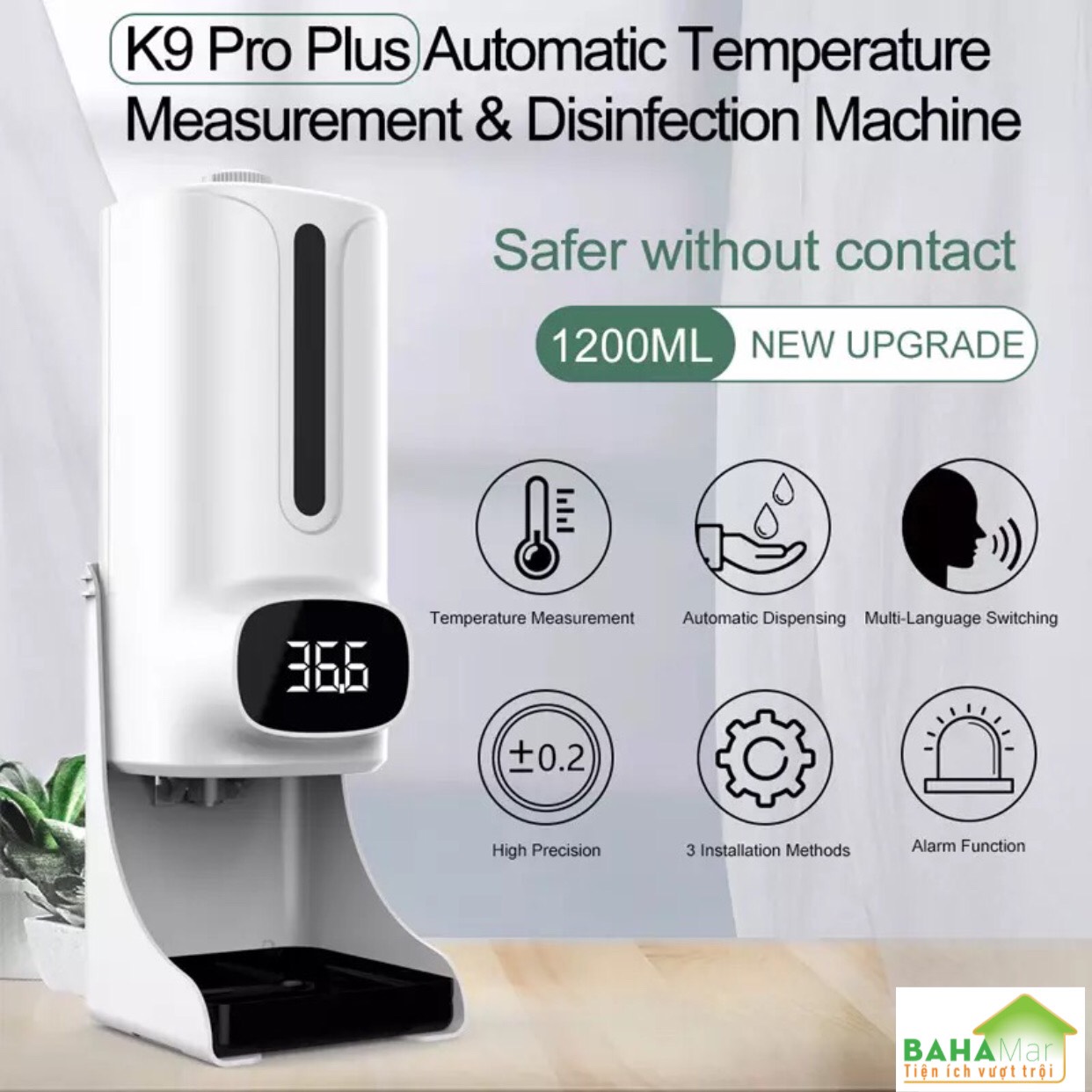 MÁY TÍCH HỢP 2 TRONG 1 ĐO NHIỆT ĐỘ VÀ PHUN CẢM ỨNG RỬA TAY KHỬ TRÙNG TỰ ĐỘNG K9Pro Plus "BAHAMAR" Tự động đo nhiệt độ và phun nước rửa tay diệt khuẩn hiệu quả tránh lây nhiễm chéo