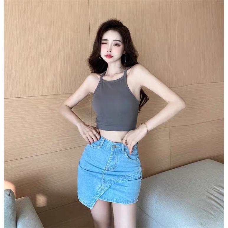 Áo yếm hai dây lệch ôm body dệt kim có đệm mút Quảng Châu cao cấp