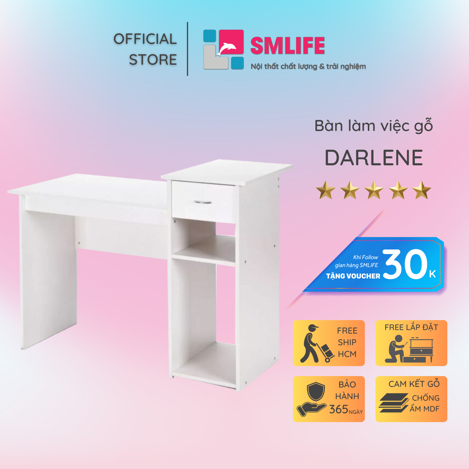 Bàn làm việc, bàn học gỗ hiện đại SMLIFE Darlene | Gỗ MDF dày 17mm chống ẩm | D110xR45xC85cm