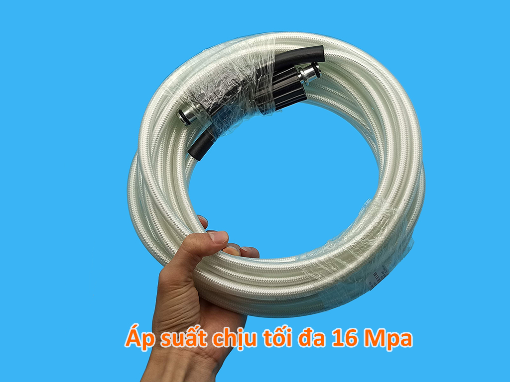 Dây rửa xe áp lực 16MPa 10m, lõi nhựa bọc dù trắng, hai đầu ren trong to M22