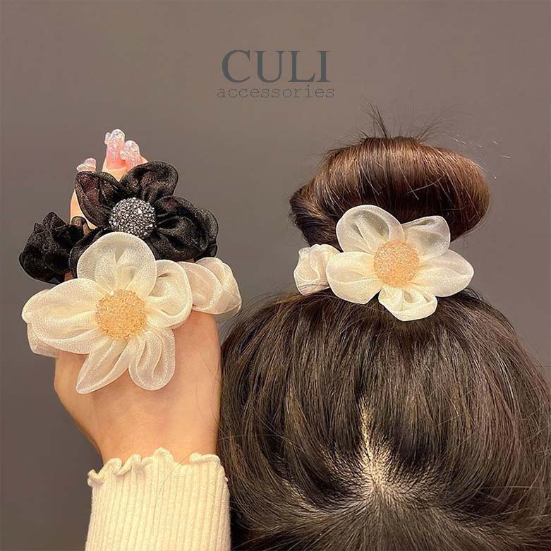 Dây cột tóc bông hoa vải voan nhũ kết đá siêu xinh - Culi accessories