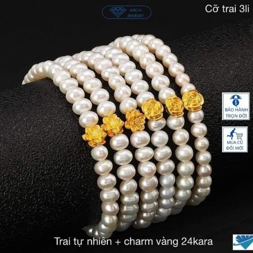 vòng tay, lắc tay hạt trai charm hoa hồng/hoa sen  phong thủy may mắn