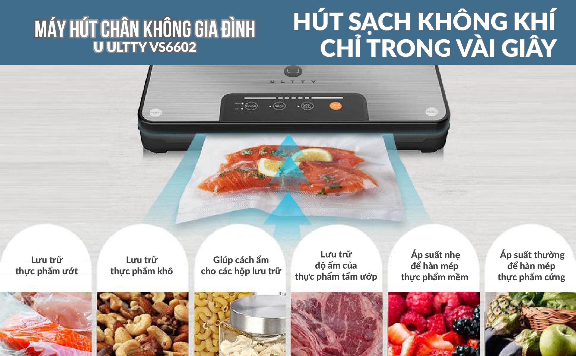 Máy Hút Chân Không Thực Phẩm ULTTY VS6602 Dành Cho Gia Đình, Hiệu Suất Hút Cao, Thời Gian Hút Chỉ 8 - 10s - Hàng Chính Hãng