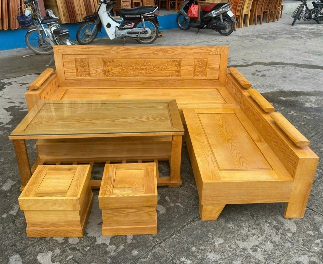 Bộ sofa góc L-2m25 gỗ sồi mặt liền. Bàn ghế sofa hiện đại gỗ sồi nga 5 món