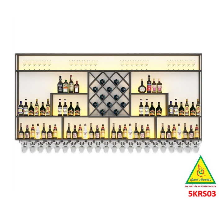 KỆ TRƯNG RƯỢU KHUNG SẮT – MẶT GỖ CÓ ĐÈN 5KRS03 - NỘI THẤT LẮP RÁP VIENDONGADV