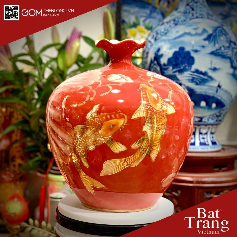 Bình Hút Lộc Sen Cá 3D Nền Đỏ Vẽ Vàng - Hàng Kỹ Độc Bản - Bình Hút Tài Lộc Bát Tràng - Gốm Thiên Long