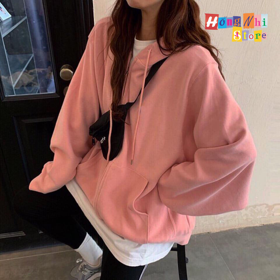 Áo Khoác Hoodie Zip Trơn Oversize Ulzzang Unisex Hoodie Dây Kéo Màu Hồng Ruốc Dáng Rộng - MM