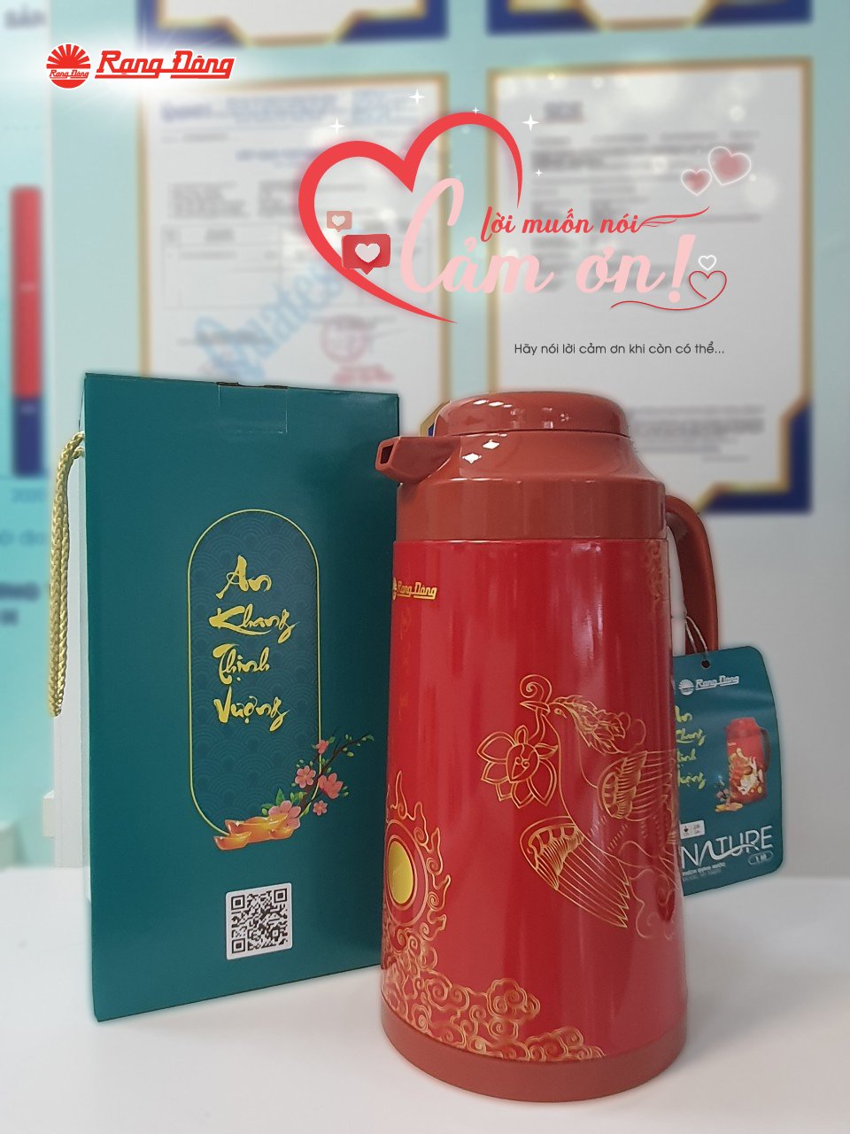 Phích Tết Rạng Đông model 1040 TS dung tích 1 lít, hoa văn tết đẹp mắt, trang nhã, quà tặng Tết ý nghĩa cho gia đình, người thân