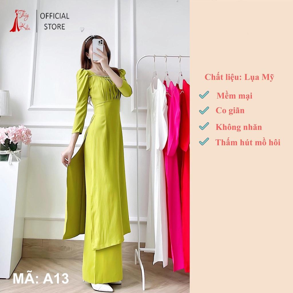 Áo Dài Cách Tân Nữ A13 Xanh Cốm Cổ Vuông Xếp Ly Tay Bồng Lụa Mỹ Cao Cấp Dự Tiệc Lễ Tết Đẹp