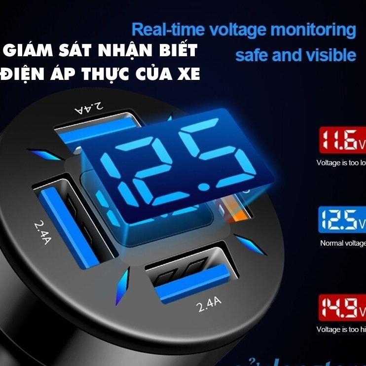 Tẩu Sạc Ô Tô 4 Cổng Sạc, Có 1 Cổng Sạc Nhanh Quick Charge 3.0 18W, Đèn Led Sáng Đẹp, tẩu sạc nhanh trên xe hơi xe máy