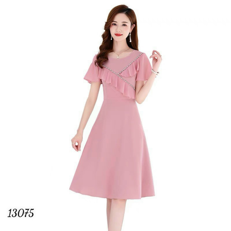 Đầm váy nữ trung niên voan ép đá dự tiệc dạo phố xanh hồng cao cấp