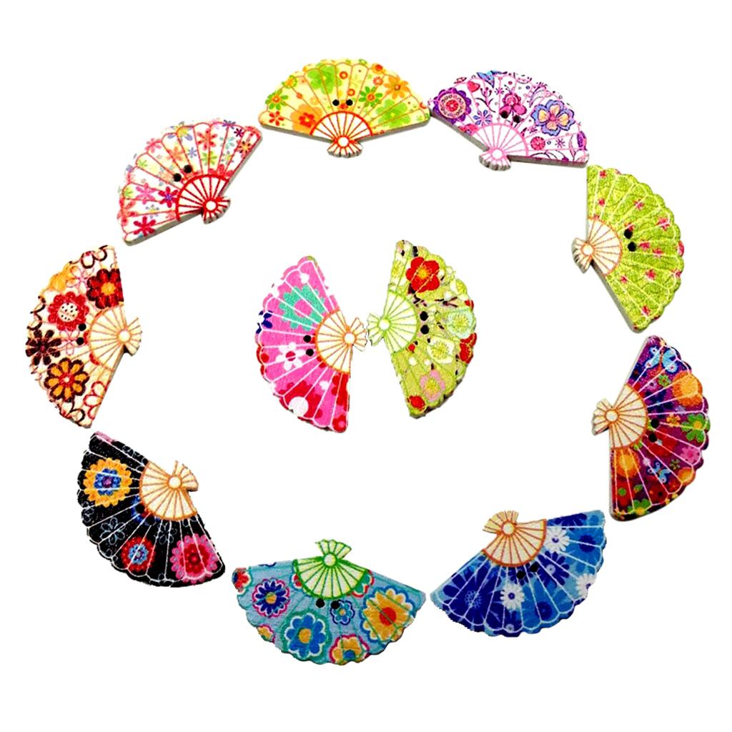 Pack of 100 Mixed Color Printed Fan Shape Wooden Buttons with Hole DIY Craft