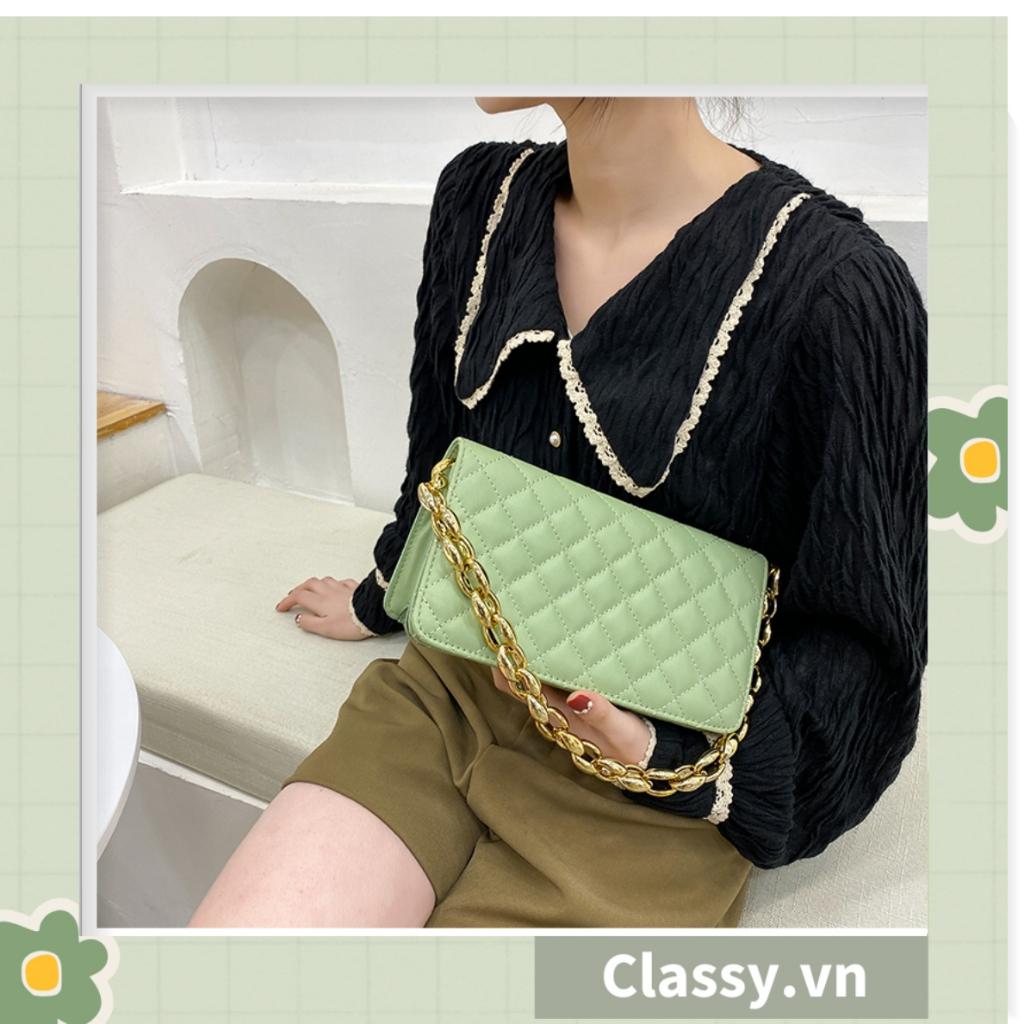 TÚI KẸP NÁCH nữ Classy CLASSIC, HÌNH HỘP VUÔNG HOẠ TIẾT CHẦN Ô, KHÓA XÍCH VÀNG TO BẢN RẤT SANG T594