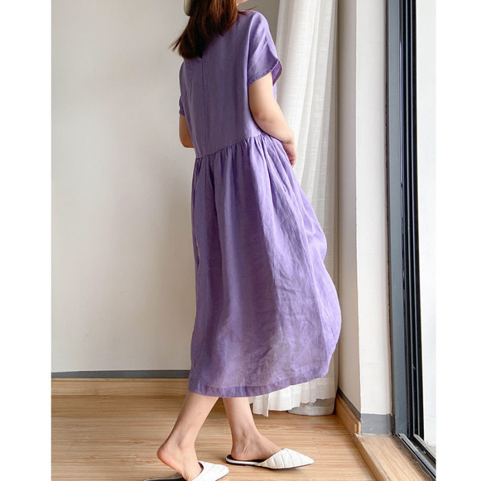Đầm Linen suông cổ tròn ngắn tay, form suông dài trơn chất liệu linen mềm mát, dễ chịu khi mặc Đũi Việt