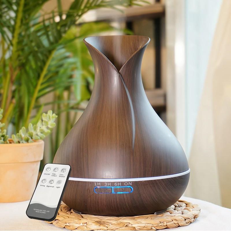 Máy xông tinh dầu phòng ngủ - máy khuếch tán tinh dầu TULIP 500ML có REMOTE kèm 2 lọ tinh dầu 10ml -
