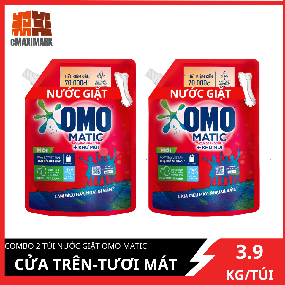 COMBO 2 Túi Nước Giặt OMO Matic Cửa Trên Đỏ 3.9kgX2
