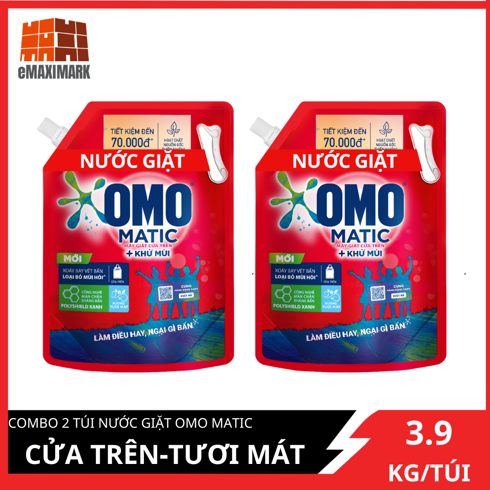 (MỚI) COMBO 2 Túi Nước Giặt OMO Matic Cửa Trên Đỏ 3.9kgX2