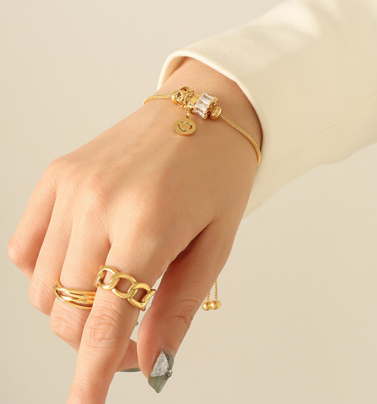 Lắc Tay Dây Rút Mặt Charm Đá Zircon Titan Ko Đen TT 4241