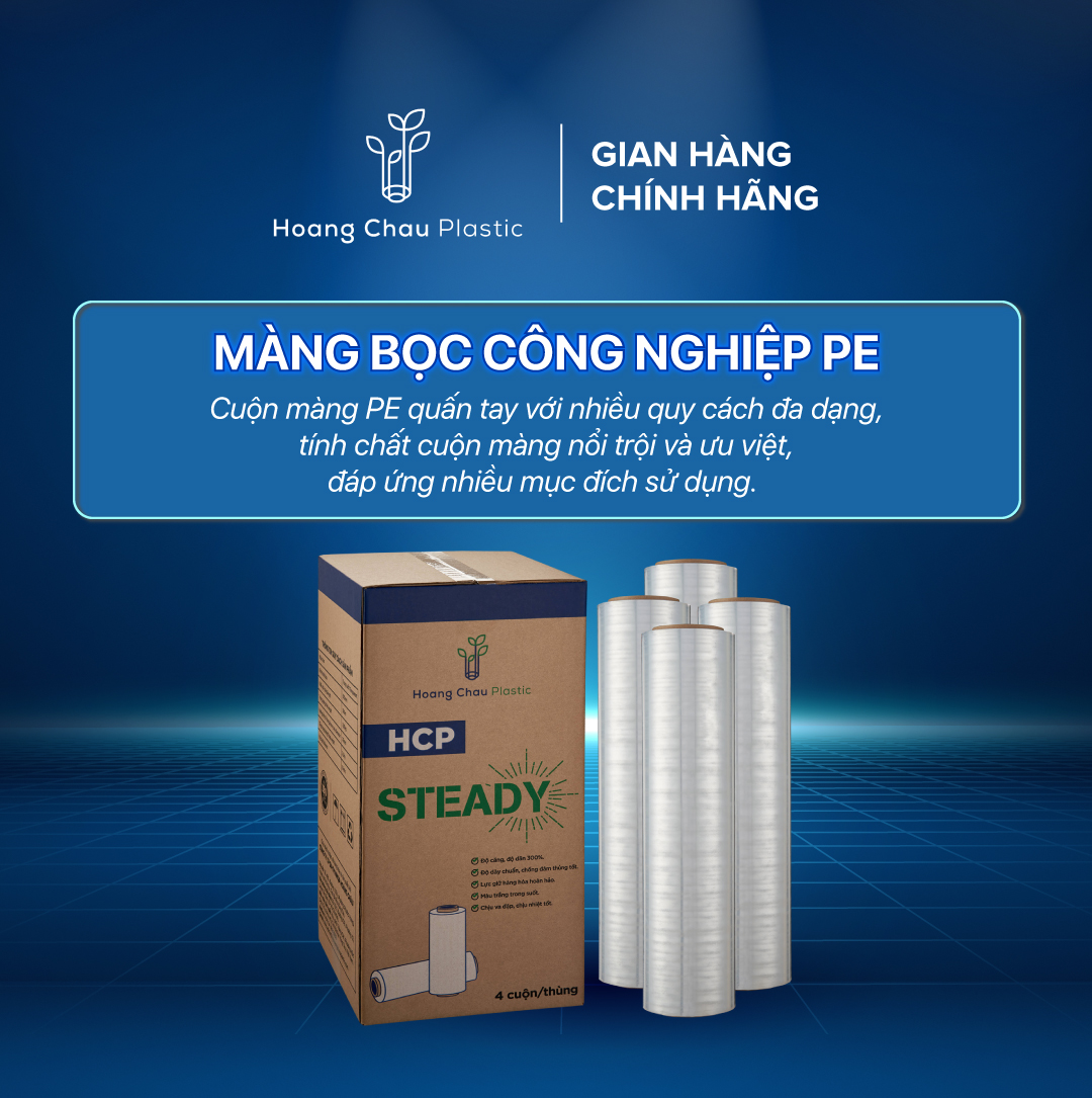 Màng Co Bọc Hàng PE Steady HOÀNG CHÂU PLASTIC Khổ 19mic x 500mm x 3.05 Cách Điện Nhiệt Và Chống Thấm