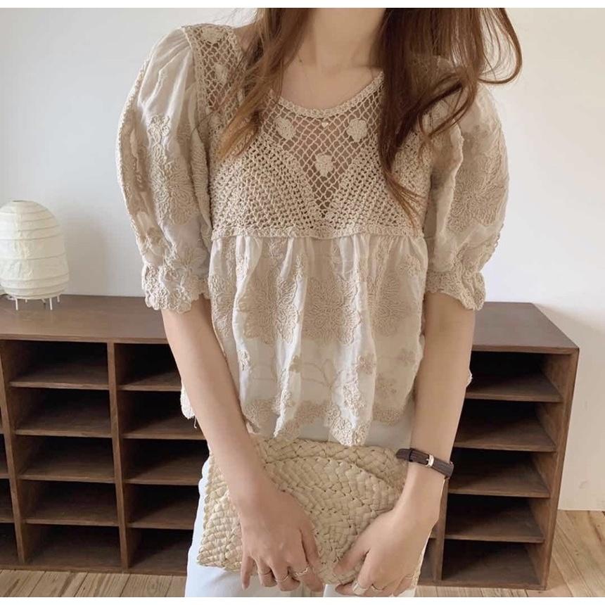 MS597 Áo kiểu babydoll đan móc vải thô thêu hoa tay bồng
