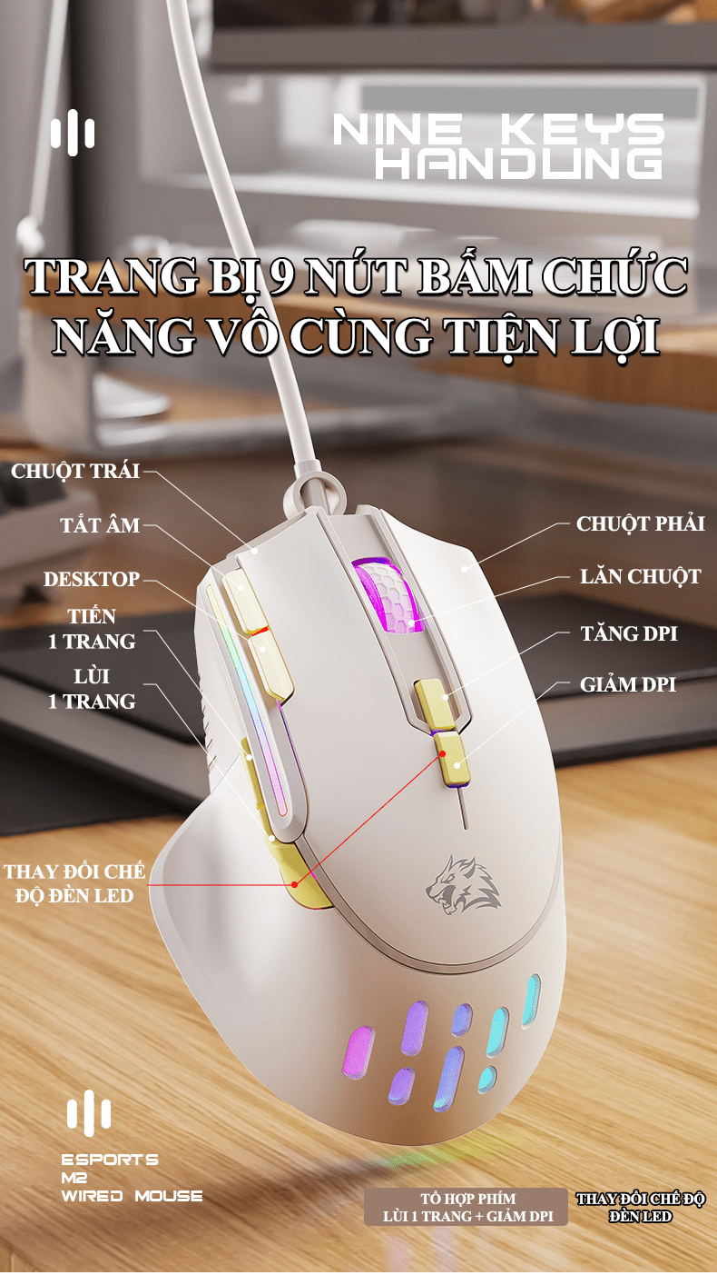 CHUỘT CHƠI GAME CÓ DÂY M2 GỒM 9 NÚT BẤM TIỆN LỢI KÈM ĐÈN LED RGB VỚI TỐC ĐỘ LÊN ĐẾN 12800DPI-HT