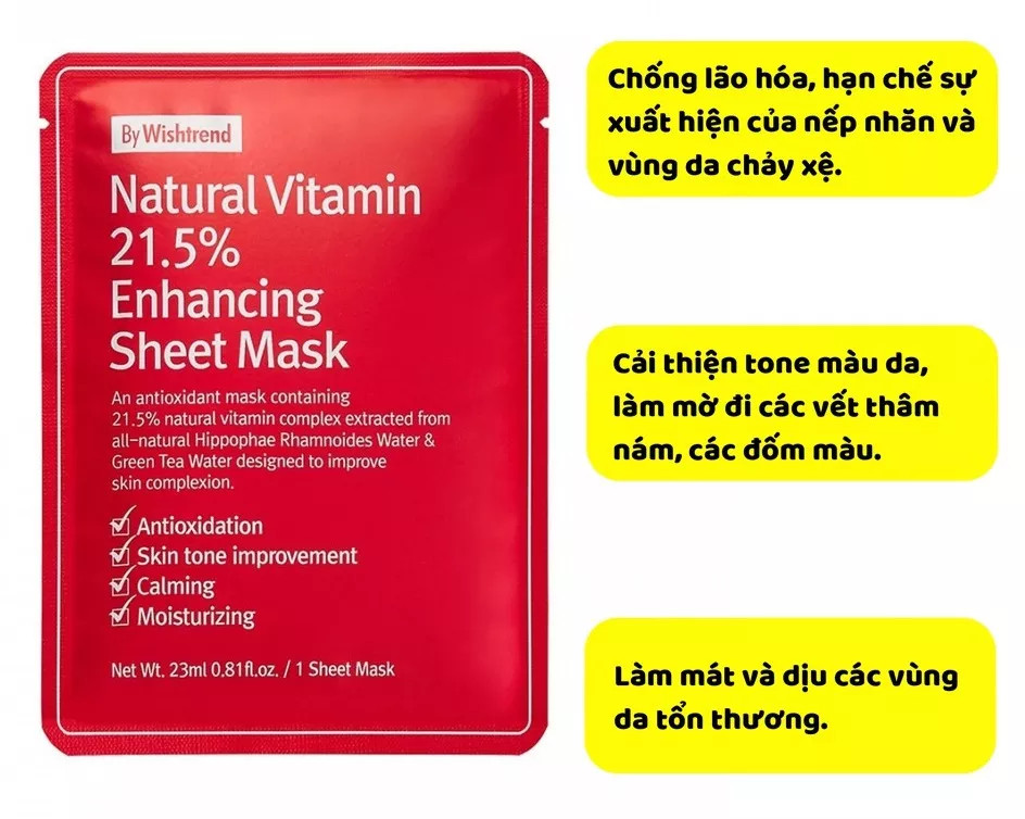 Combo 5 Mặt nạ giấy trắng da mờ thâm By Wishtrend Natural Vitamin C 21.5 Enhancing Sheet Mask 23ml