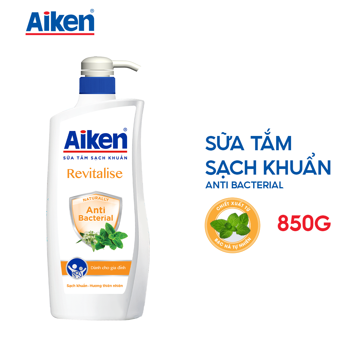 Combo 2 Sữa Tắm Sạch Khuẩn Aiken 850g Chiết Xuất Bạc Hà và Trà Xanh Thiên Nhiên