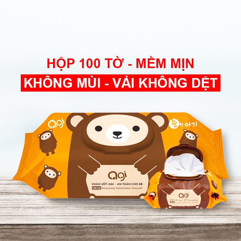 Khăn ướt Agi, Khăn ướt cho bé chính hãng mềm mịn không mùi an toàn cho bé yêu (hộp 100 tờ) – KH011