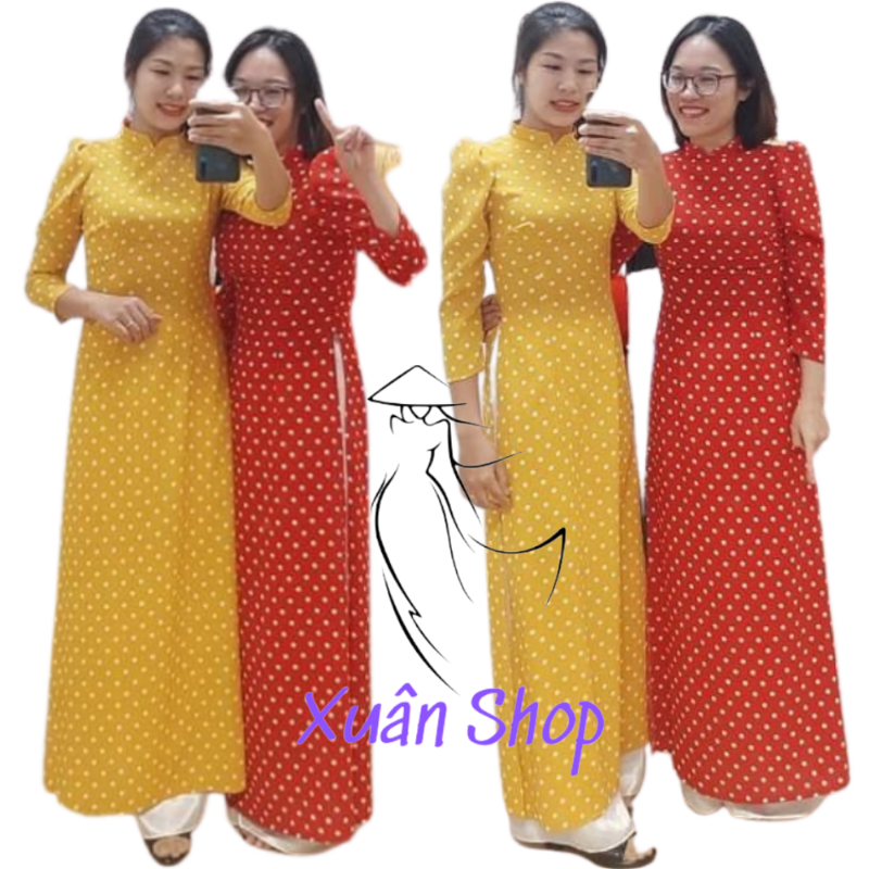 Áo dài chấm bi tay phồng lụa hàn châu / áo dài nữ / áo dài truyền thống