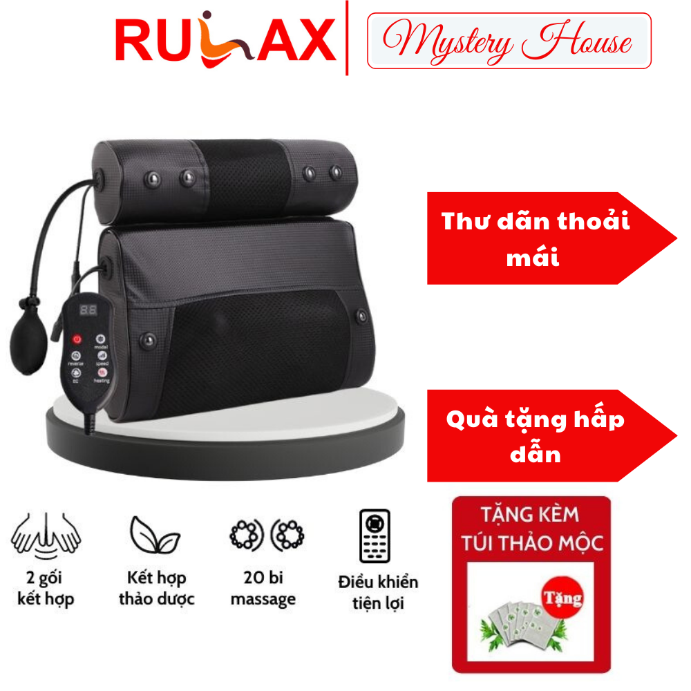 Gối Massage Hồng Ngoại RULAX 20 Bi Cao Cấp RL04 Kết Hợp Thảo Dược, Có Túi Khí Co Bóp, Điều Khiển Tay Độc Lập