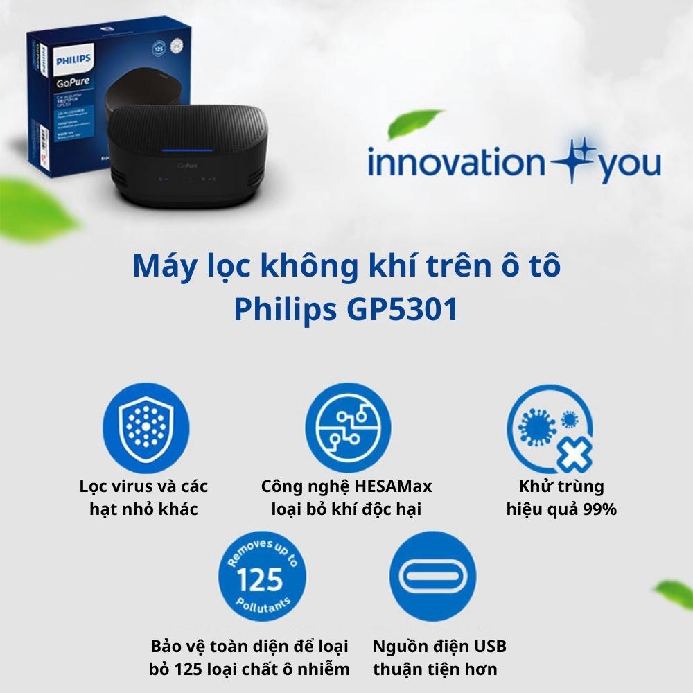 Máy lọc không khí ô tô Philips hút mùi hôi, chất gây ô nhiễm vi khuẩn, vi rút GoPure GP5301 đèn báo 3 chế độ - Hàng nhập khẩu