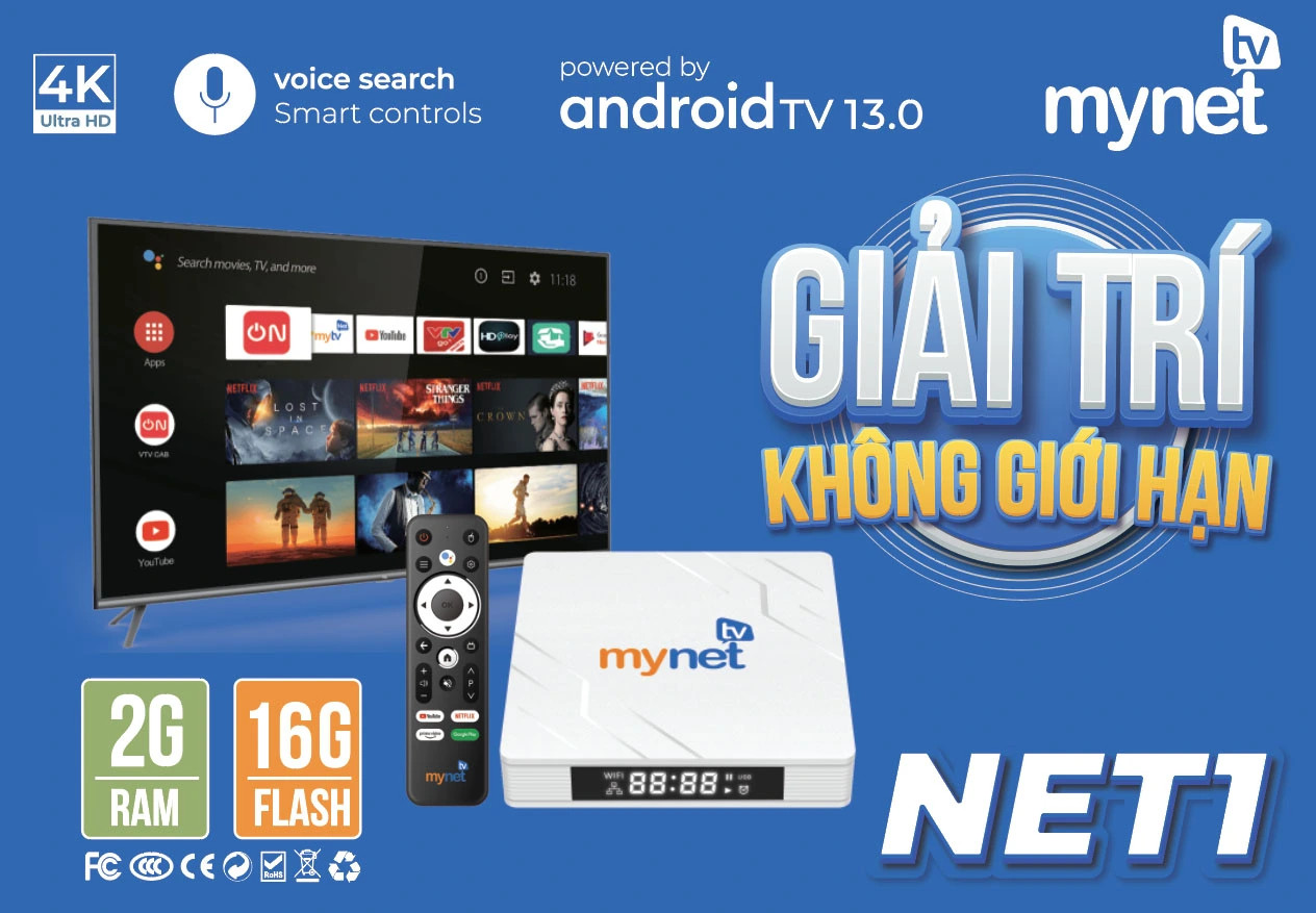 Android tivi box MYTV  MYNET TV 4H – RAM 4G, ROM 32G, Hệ điều hành Android 10, BLUETOOTH Có điều khiển giọng nói Xem truyền hình miễn phí- Hàng chính hãng