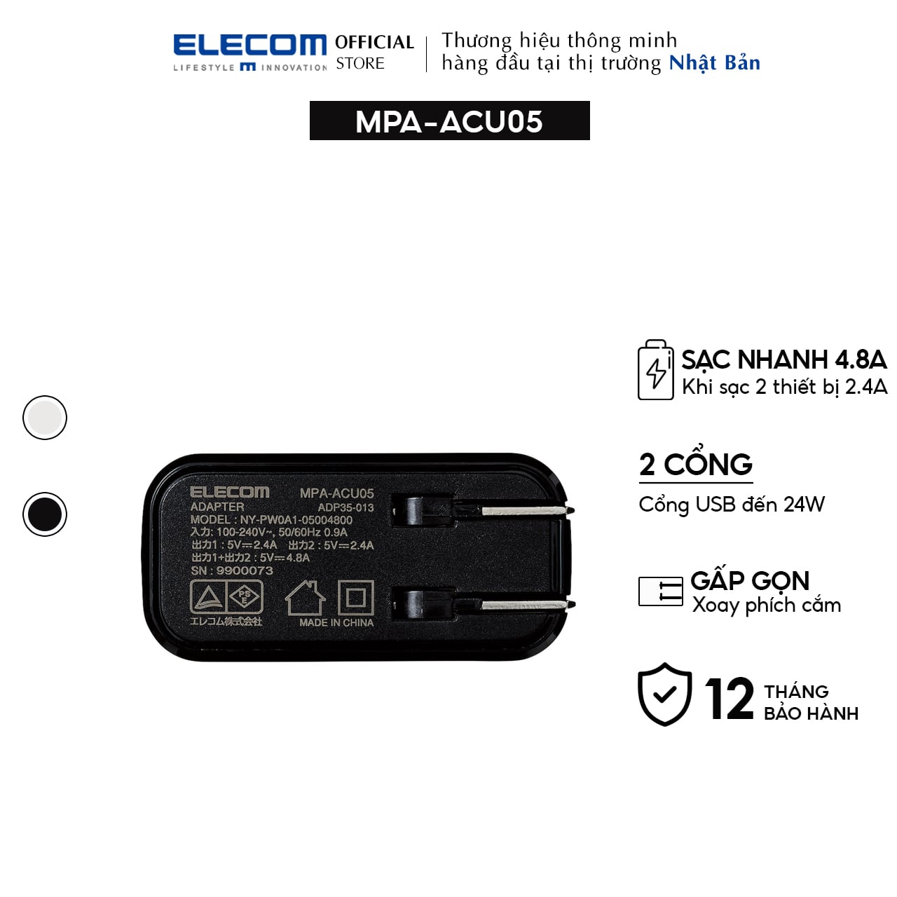 Củ sạc 2 cổng USB-A 24W ELECOM MPA-ACU05 - Hàng chính hãng