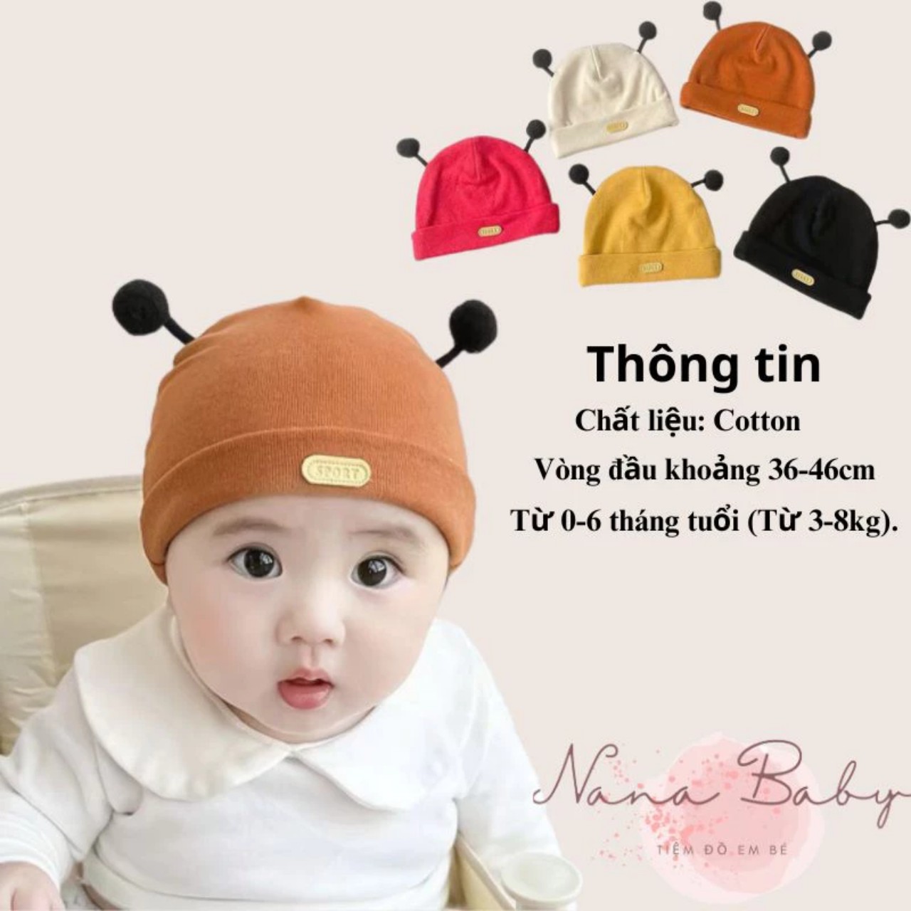 Mũ cotton cho bé sơ sinh hình con ong , mũ che thóp cho bé từ 0-6 tháng tuổi