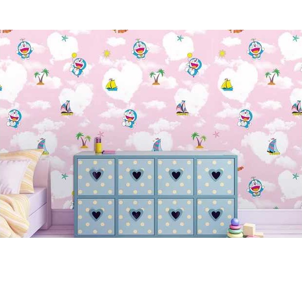 Combo 10 mét giấy dán tường, decal dán tường trang trí nhà cửa ĐÔ RÊ MON BẦU TRỜI HỒNG khổ 45cm