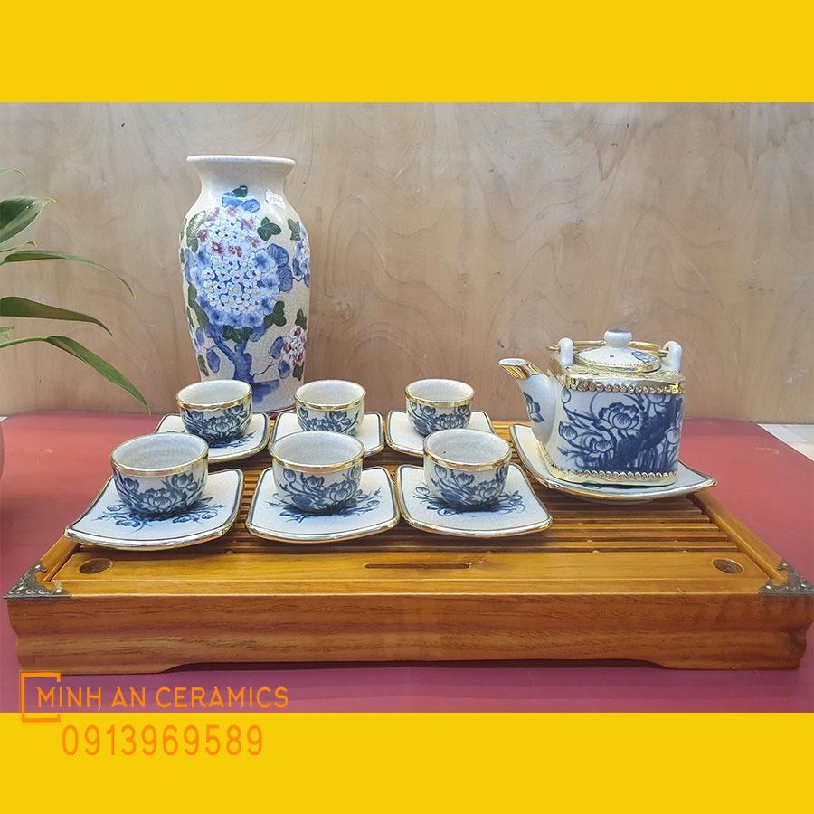 Bộ ấm chén Bát Tràng giả cổ vuông bọc đồng gốm Minh An Bát Tràng vẽ hoa sen