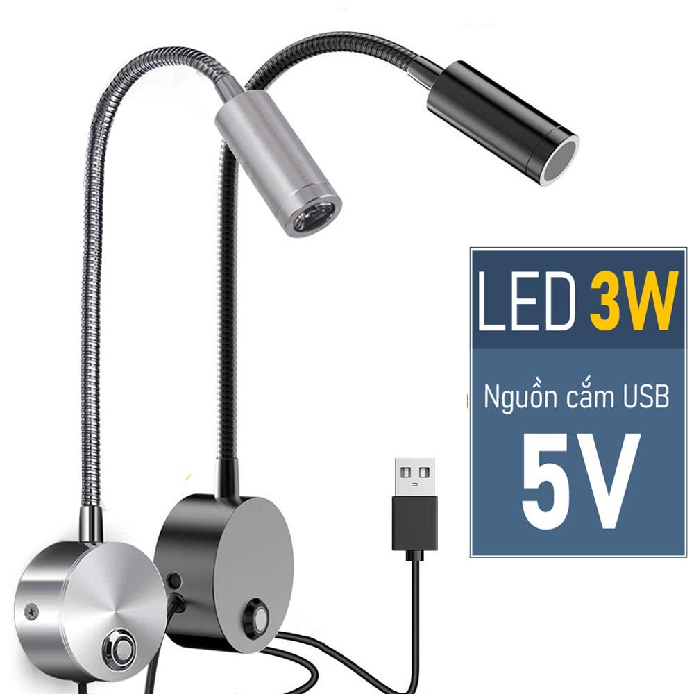 Đèn đọc sách gắn tường đầu giường Led 3W, Nguồn USB 5V, Ánh sáng chiếu rọi điểm, tích hợp đèn ngủ, Đèn soi tranh