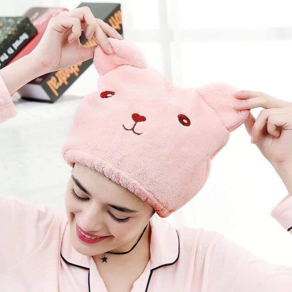 Khăn Trùm Đầu Hình Gấu Siêu Đáng Yêu Dạng Nón Làm Từ Bông Cao Cấp Cho Khả Năng Thấm Hút Tốt, Giúp Tóc Mau Khô, Không Bị Hôi, Phù Hợp Cho Mọi Lứa Tuổi