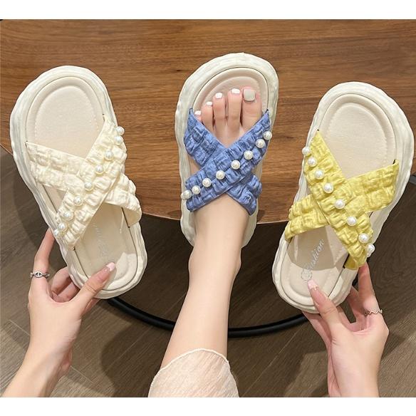 Dép Lê Quai Chéo Đính Ngọc Chống Nước Đế Bánh Mì Cao 4cm G173