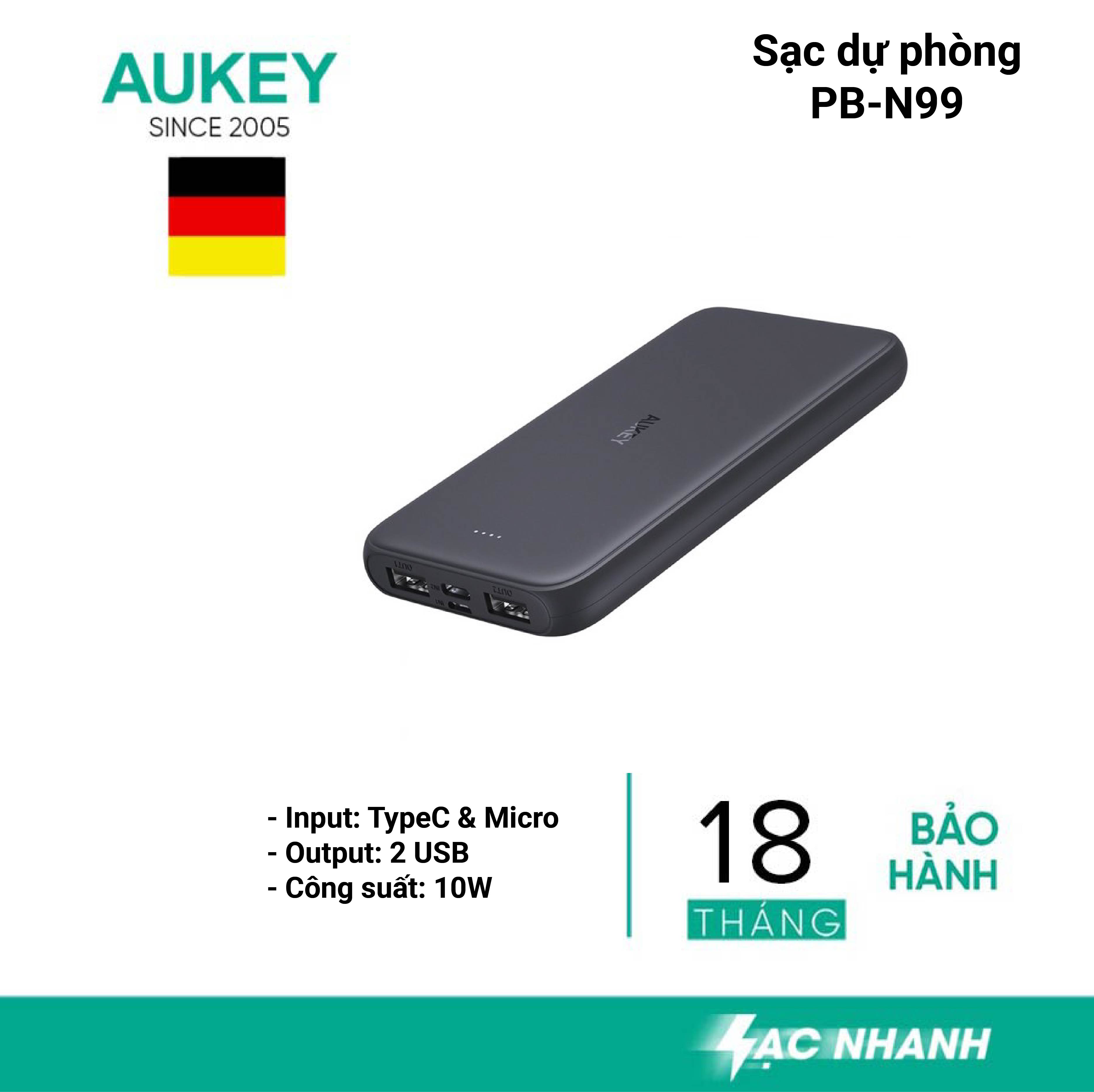 Sạc dự phòng Aukey 10.000mAh PB-N99, 2 cổng USB công suất 10W - hàng chính hãng